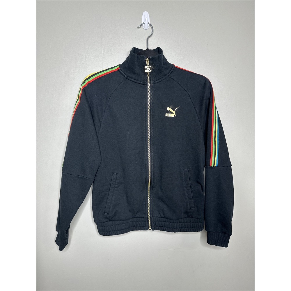 PUMA Girls Black w/ Rainbow Colors Sleeve Full Zip Athletic Track Jacket Size XS